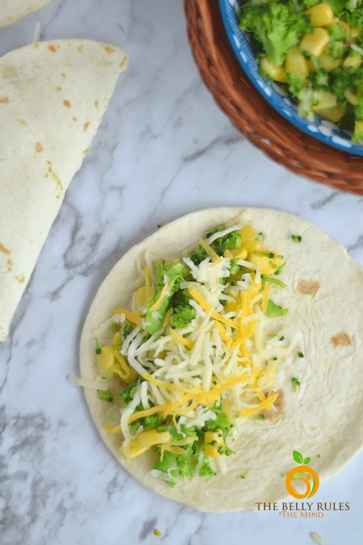 vegetarian quesadilla with broccoli and corn