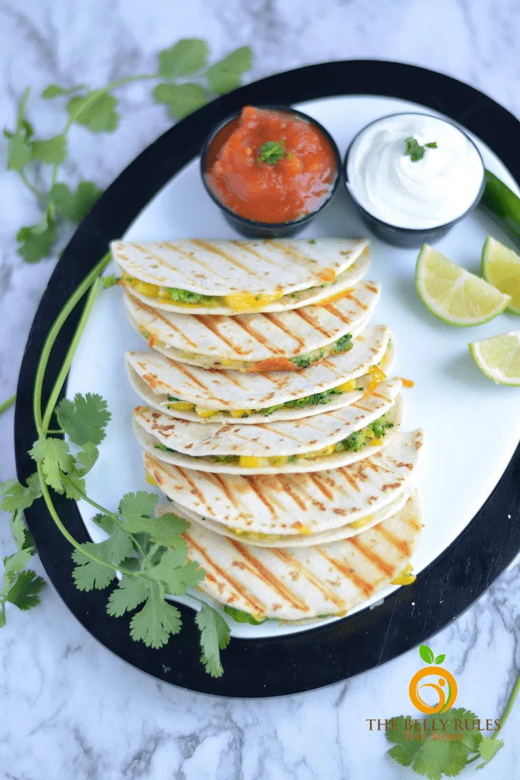 vegetarian quesadilla with broccoli and corn