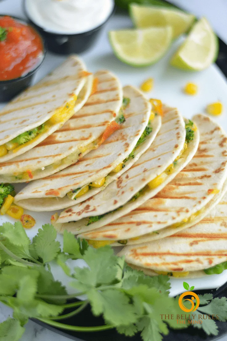 vegetarian quesadilla with broccoli and corn