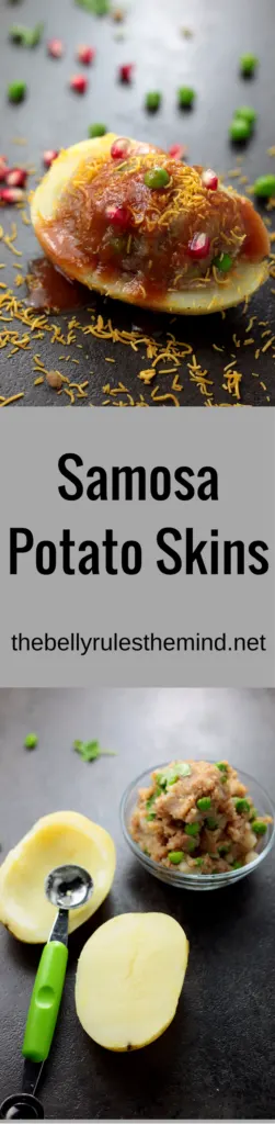 A must try appetizer for your next party. Samosa Potato Skins is what you get when eastern samosa chaat meets western potato skins.| www.thebellyrulesthemind.net