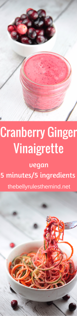 Lipsmackingly delicious, quick and easy Cranberry Ginger Vinaigrette is ready in only 5 minutes with just 5 easily available ingredients, & is also vegan. Enjoy all the sweet, tart and pungent flavors in this one dressing. Accessorize your salad with this dressing and it will stand out as a winner. | www.thebrllyrulesthemind.net