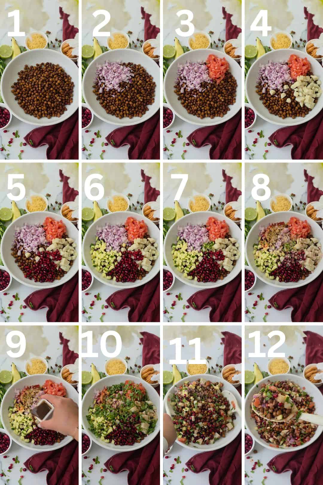 Fresh Kala Chana Chaat with colorful toppings and herbs.