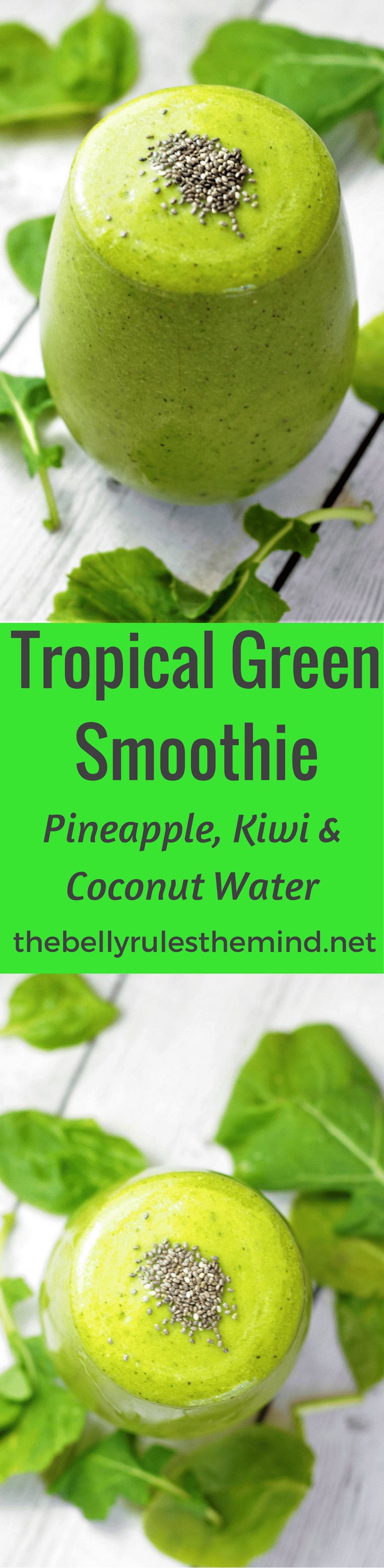 This Tropical Green Smoothie is sure to tantalize your taste buds. Nourish your body with the goodness of greens & tropical flavors like pineapple, kiwi, banana, coconut water. Vegan + Gluten Free|www.thebellyrulesthemind.net @bellyrulesdmind