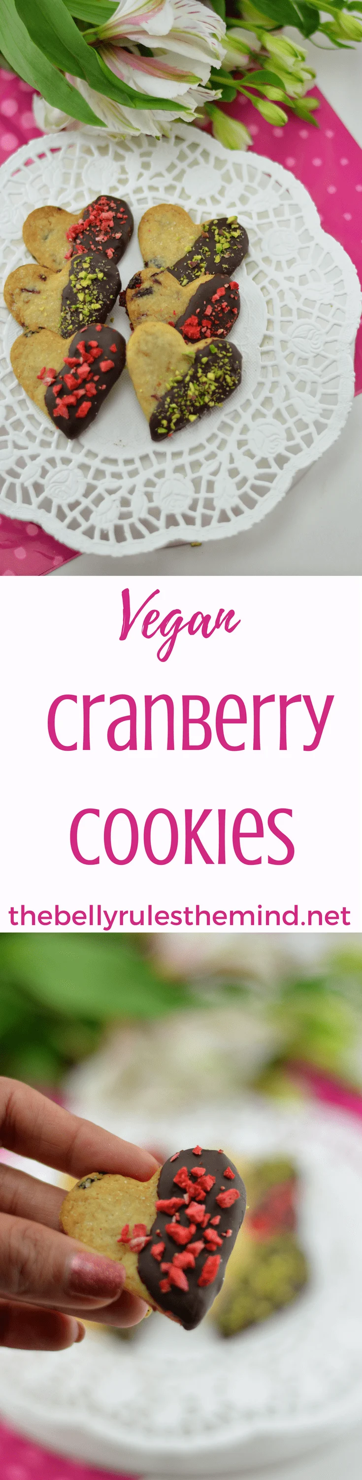 Vegan Cranberry Cookies are brimming with delicious melt-in-your-mouth flavors. Dress them up with some sugar or keep them pure and simple. Absolutely addictive.- They're easier to make than you might think! Yet another Valentine's Day and yet another way to let your loved ones know about how much you care.Vegan.|https;//www.thebellyrulestheind.net @bellyrulesdmind