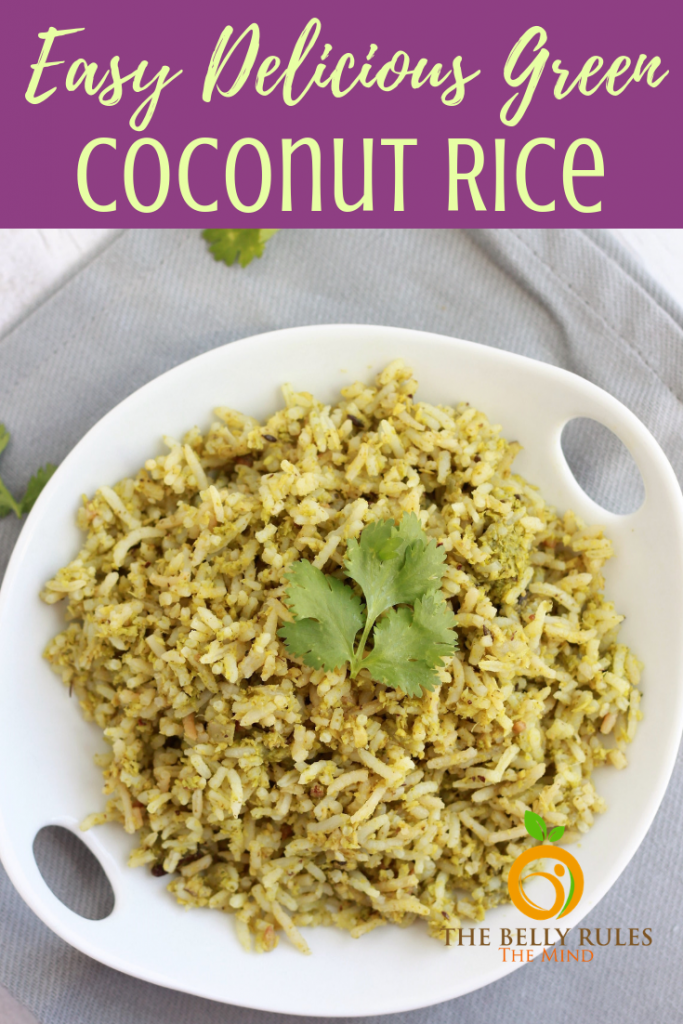 Coconut Rice with Cilantro - This vegan Coconut Rice recipe with cilantro is a one-pot recipe where you marry flavors of freshly grated coconut, garlic and cilantro. Easy side or relish it as is. Vegan. Gluten-Free. Dairy-Free. Lunchbox Option. Under 30 minutes. Make it hearty by adding some spinach or chickpeas.