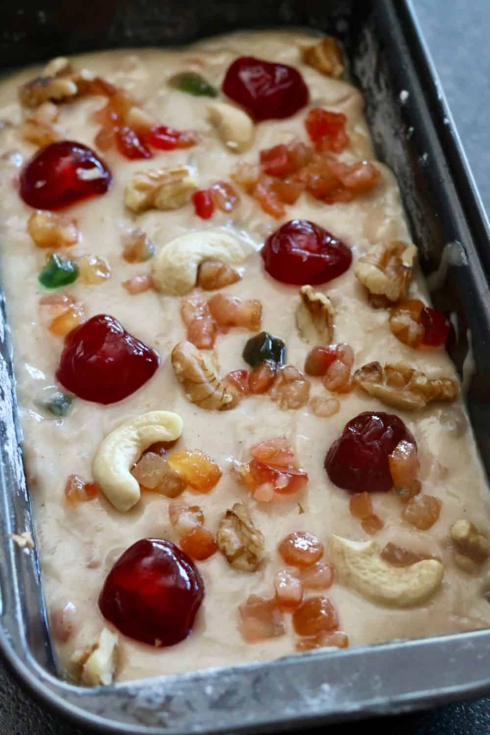 christmas fruit aka plum cake in a loaf pan