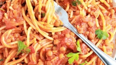 vegan spaghetti wrapped around a fork