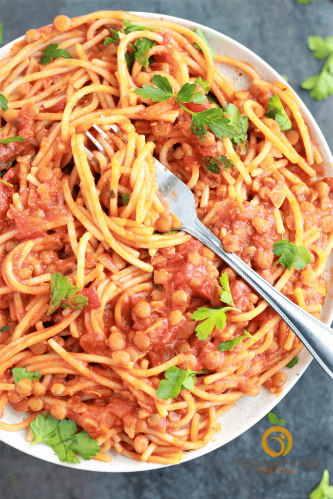 vegan spaghetti wrapped around a fork