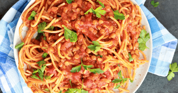 A plate of Vegan Glutenfree Lentil Spaghetti cooked in Instant Pot