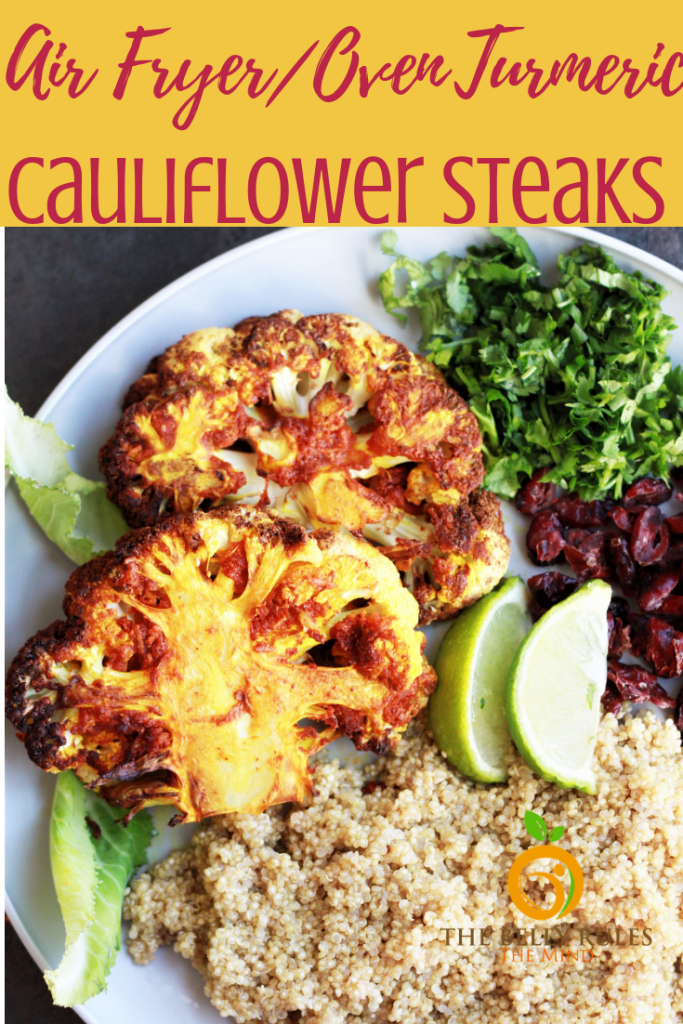 Combine the goodness of cauliflower, turmeric, garlic and an air fryer, you get these delicious Air Fryer Cauliflower Steaks. Super easy and ready in just 15 minutes. These crispy yet tender bites make an excellent plant based entree. Packed with all the flavors and textures, simply yum!!! #cauliflowersteak #cauliflowersteakrecipe #airfryercauliflowersteak #cauliflowerrecipe #airfryerrecipe #vegansteak #vegancauliflowerrecipe #veganairfryer #airfryersteak 