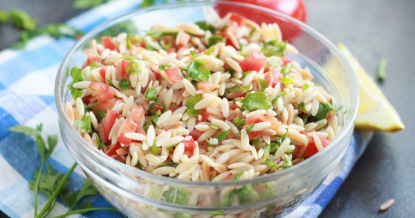 orzo pasta salad in a bowl