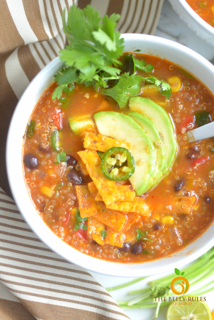 Easy Vegetarian Tortilla Quinoa Soup Recipe - TheBellyRulesTheMind