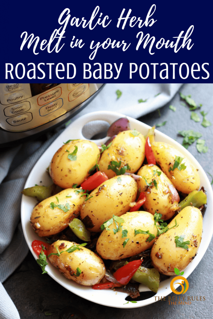 These Instant Pot Roasted Potatoes are not just any Roasted Potatoes recipe, these are German style Rosemary Potatoes with colorful veggies.  Budget friendly, tasty & easy to make. Makes a perfect side for any occasion. Pressure cook the potatoes, then season with garlic herb blend and saute with onions & peppers. Yum yum!!! Under 30 minutes. Vegan. Gluten-Free. Video recipe. #instantpotbabypotatoes, #instantpotpotatoes, #instantpotrecipes, #instantpotroastedpotatoes, #pressurecookerbabypotatoes, #pressurecookerpotatoes, #pressurecookerroastedpotatoes #roastedpotatoes #roastedpotatoesrecipe #babyroastedpotatoes #garlicroastedpotatoes #howtoroastpotatoes