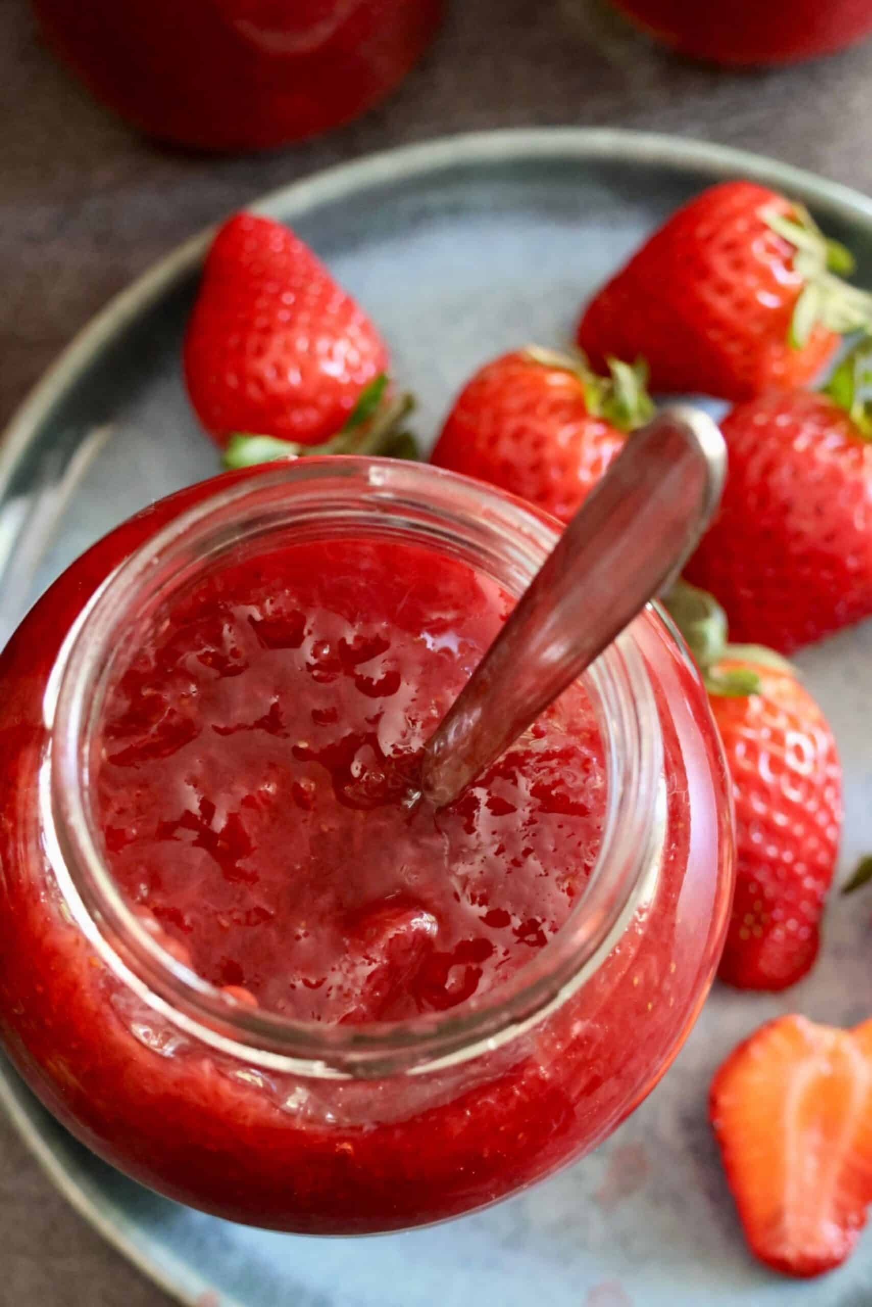 Delicious strawberry jam made with only 3 ingredients, perfect for spreading on bread or toast.