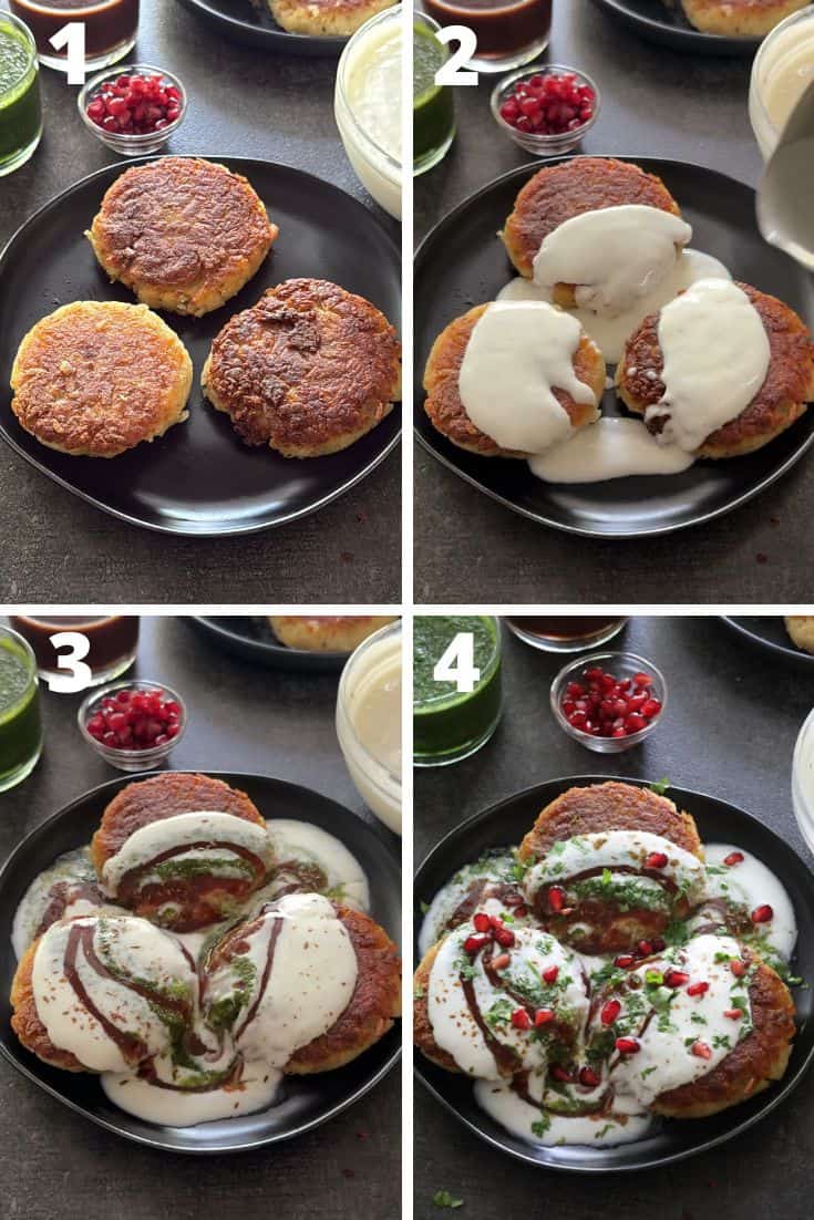 assembling channa dal stuffed aloo tikki chaat