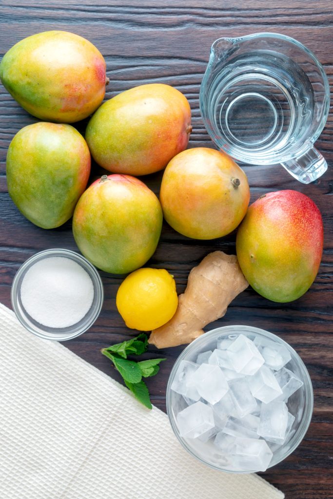 Ingredients to make fresh mango juice necar
