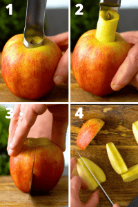 Healthy apple smoothie with fresh ingredients and slicing process.