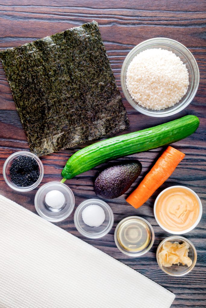 Ingredients for avocado sushi rolls