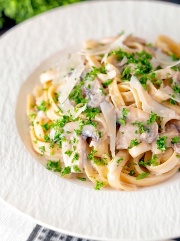 mushroom cream sauce pasta in a bowl