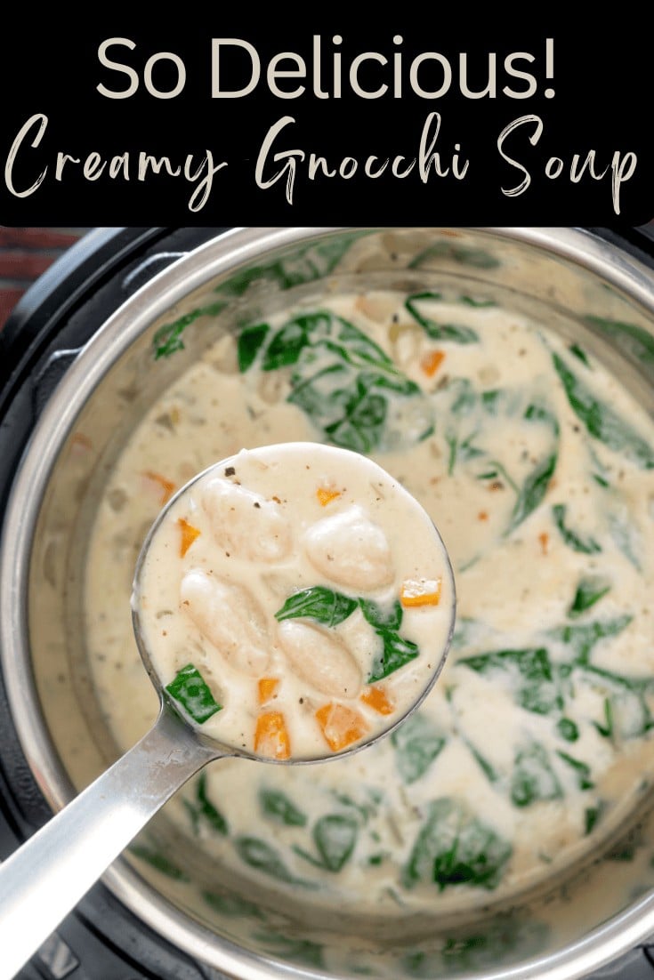 Close-up of creamy gnocchi soup with spinach and vegetables in a pot.