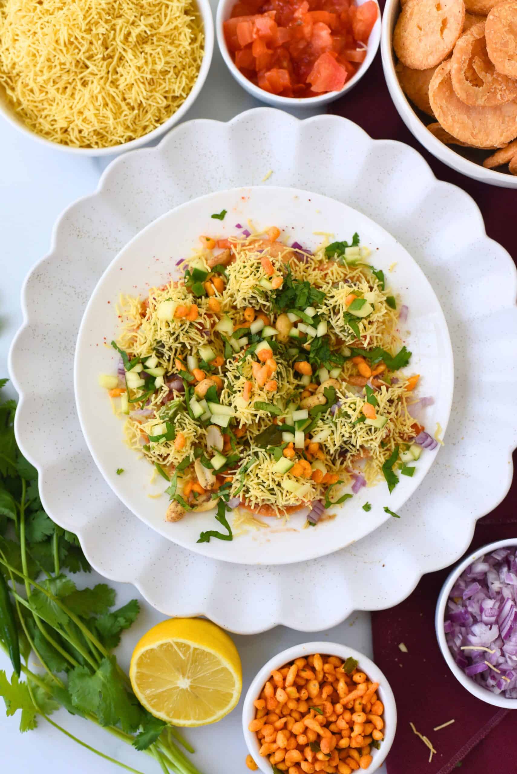Traditional Mumbai Sev Puri with crispy snacks and fresh toppings.
