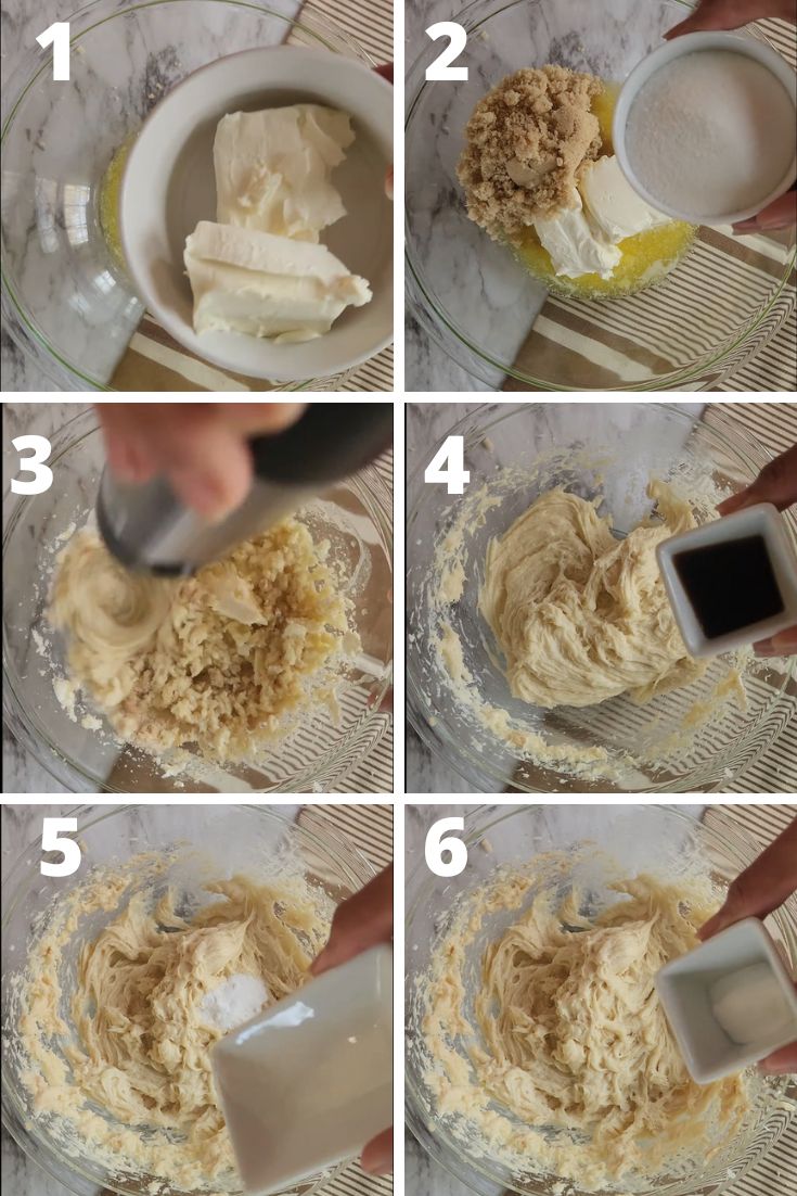 shows the steps to creating awesome, soft and chewy cheese cream chocolate chip cookies
