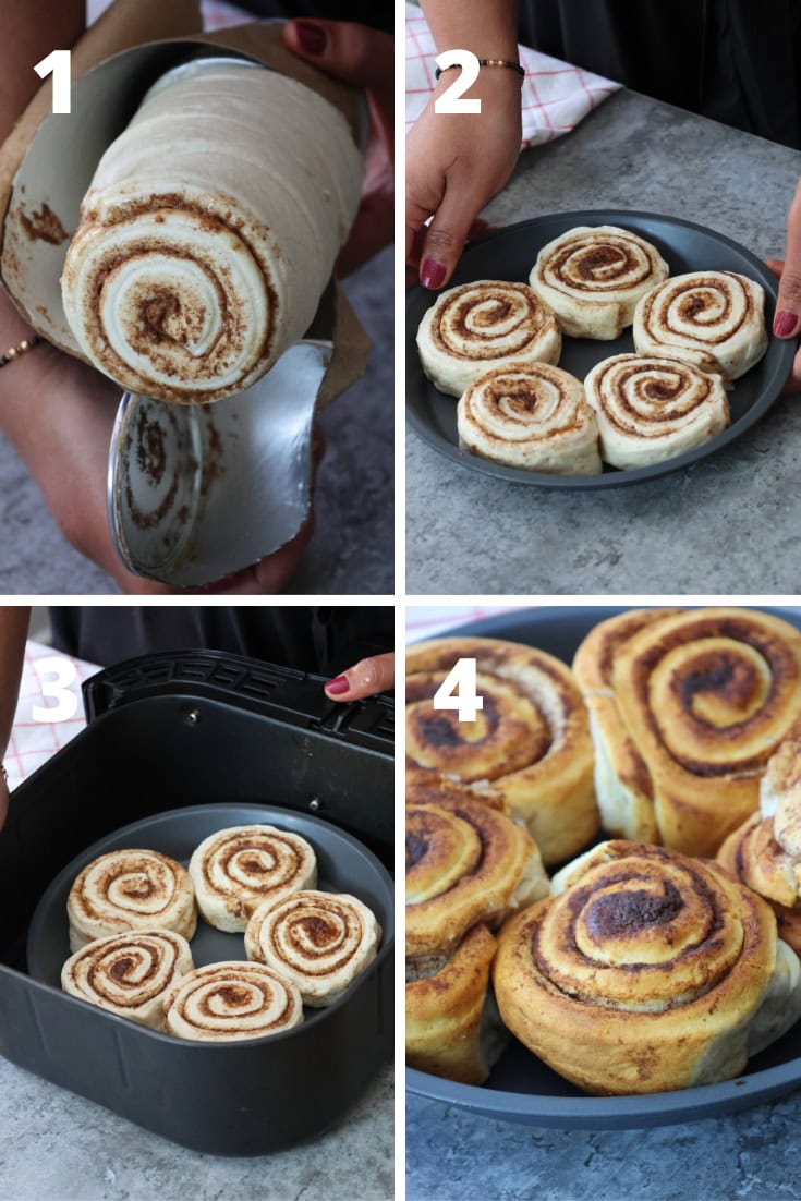 steps by step recipe to make air fryer canned cinnamon roll