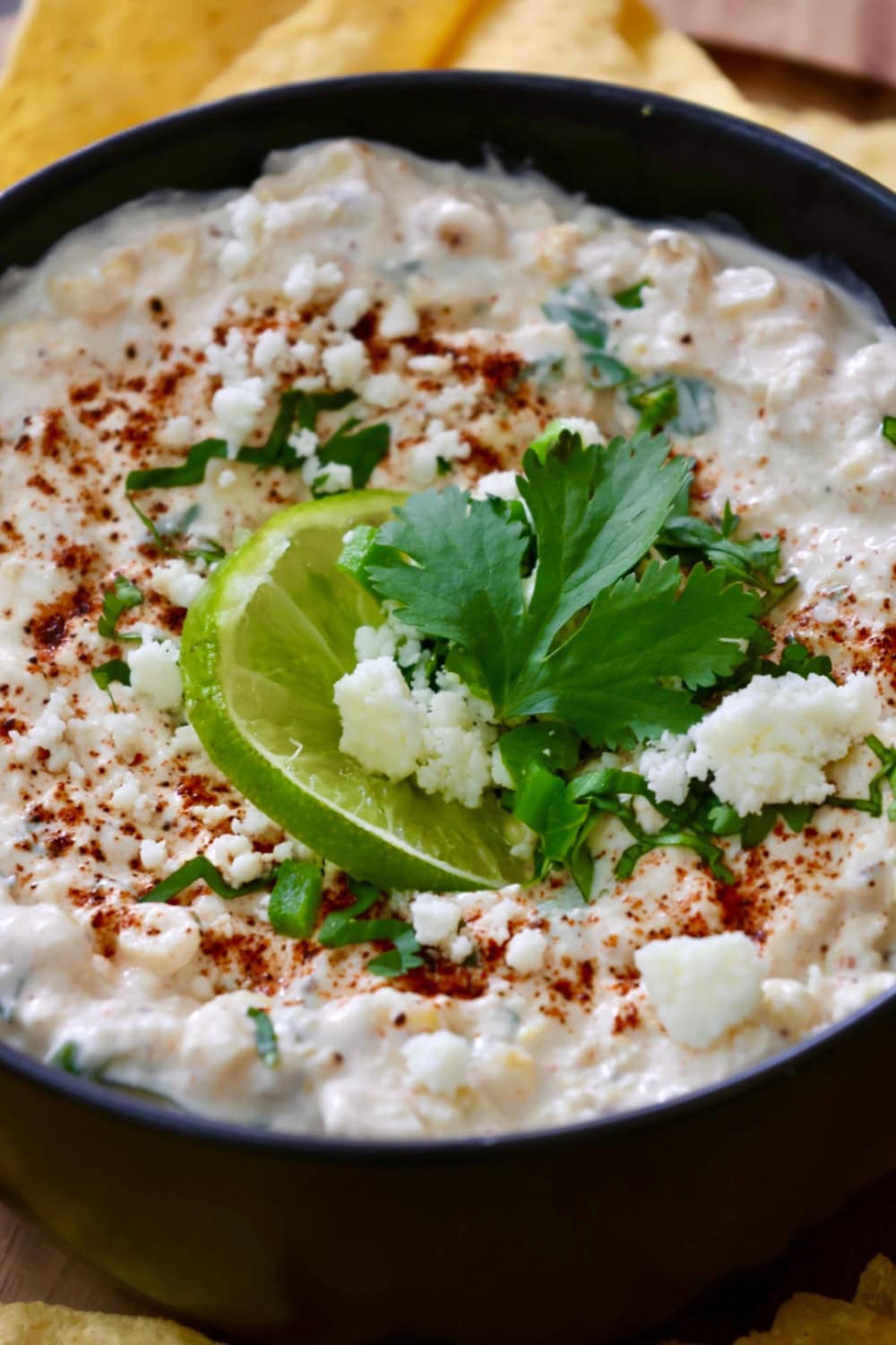 elote dip in a bowl