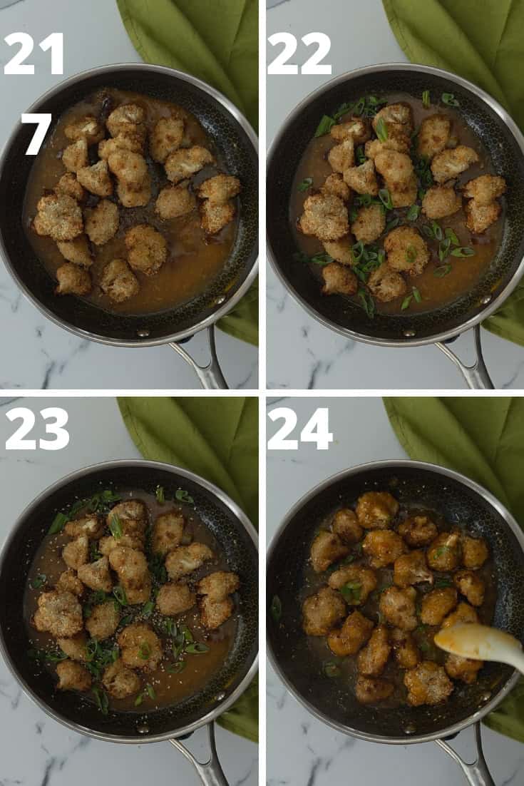 Step by step pictures of how to mix the baked cauliflower in the orange sauce