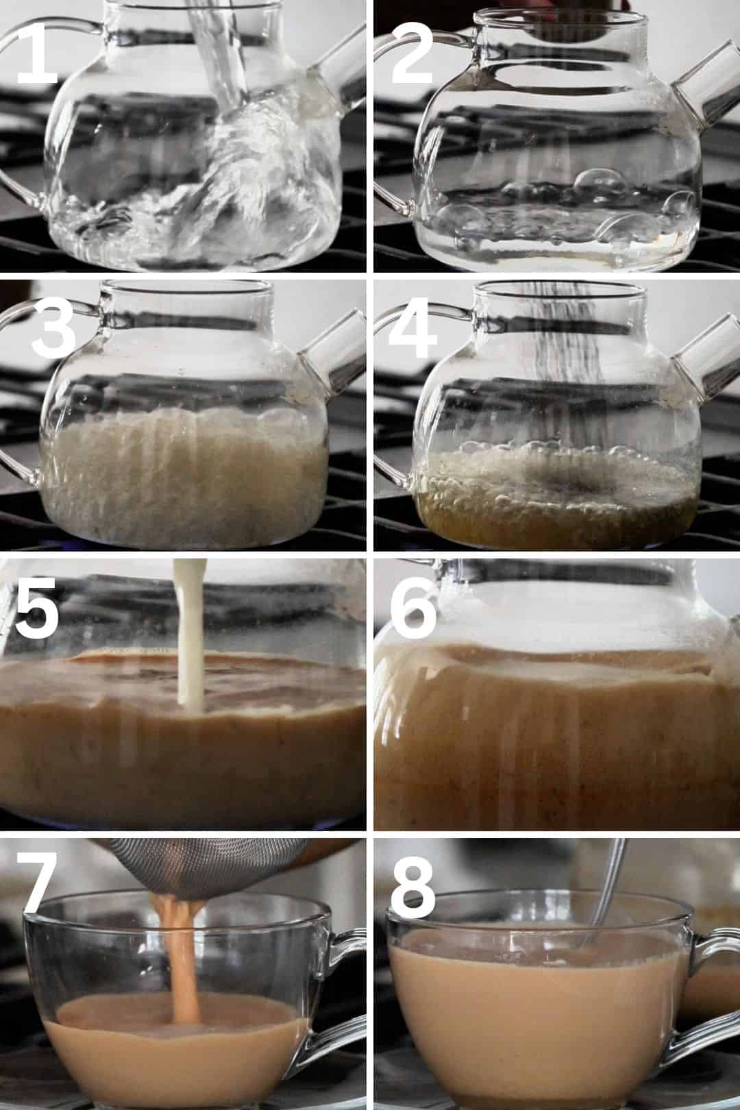 Step-by-step images of making homemade masala chai with boiling water and milk.