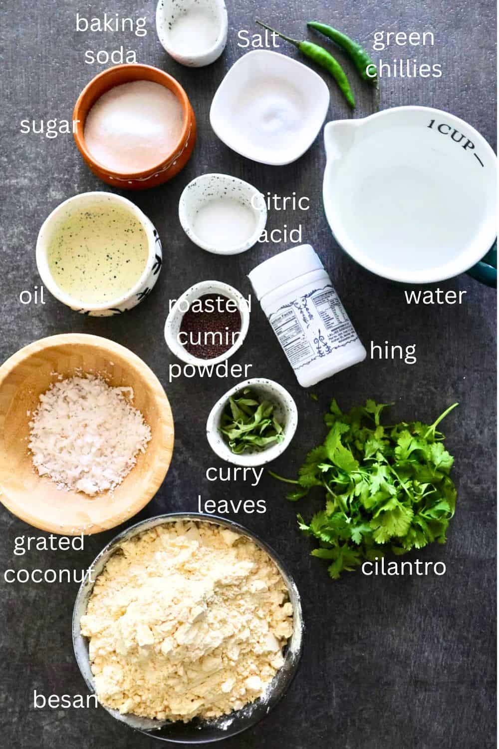 Ingredients for homemade Khaman , besan gram flour, baking soda, citric acid, oil, water, salt, sugar, curry leaves, green chilies, cilantro, coconut