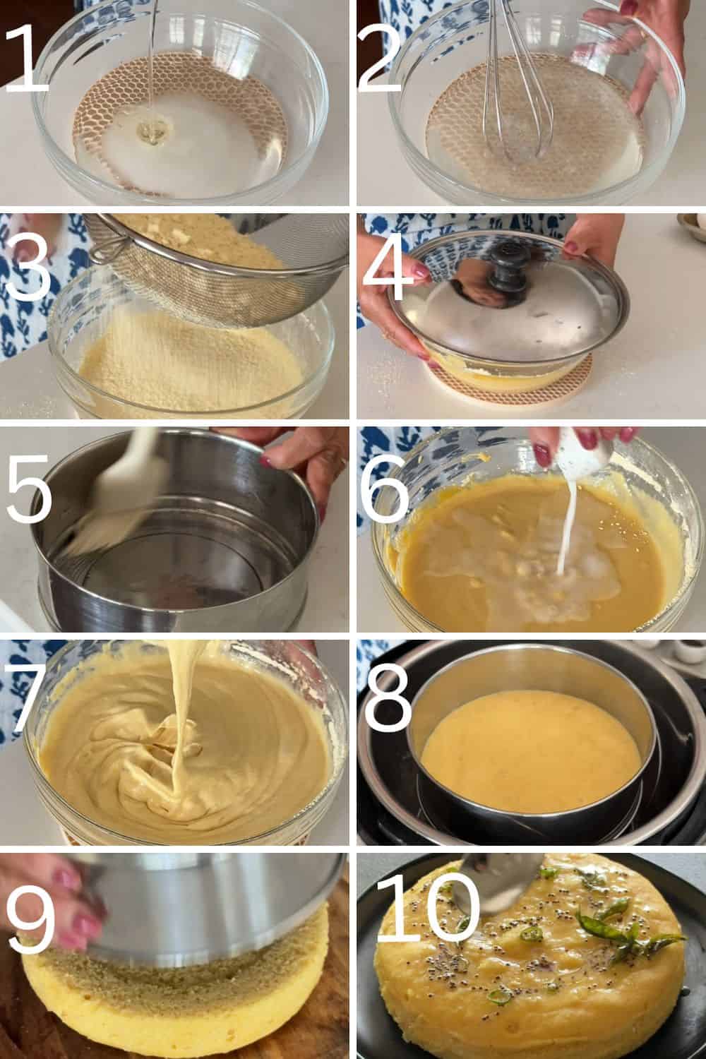 Step by step process of making Khaman, showing batter mixing, adding soda, pouring mixtures in greased pans and steaming in Instant Pot