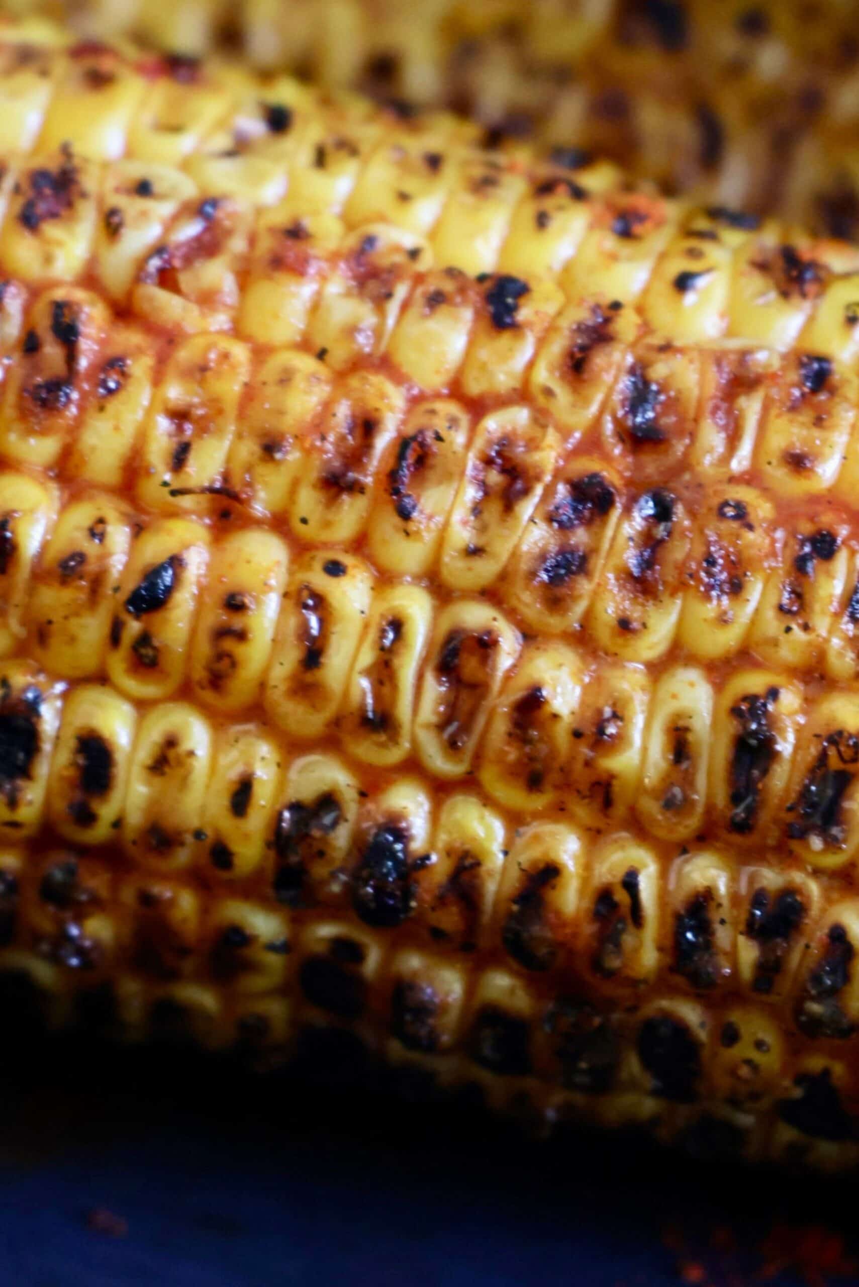 Indian street style grilled corn on the cob with spices and charred marks.