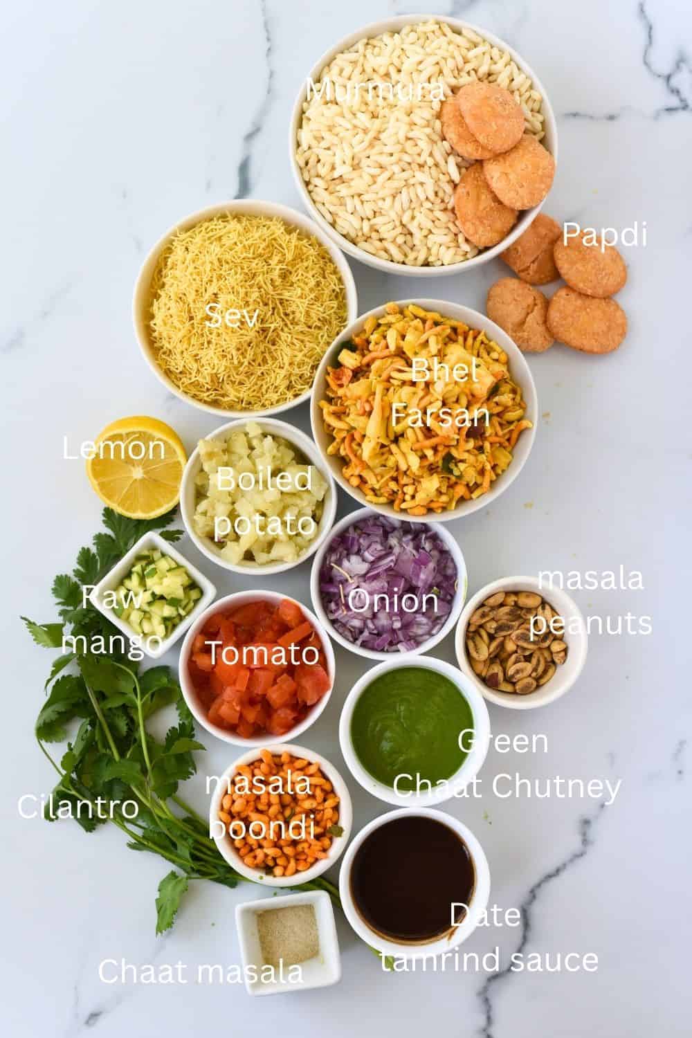 Colorful Bhel Puri served with crispy papdi, tangy chutneys, and fresh vegetables.