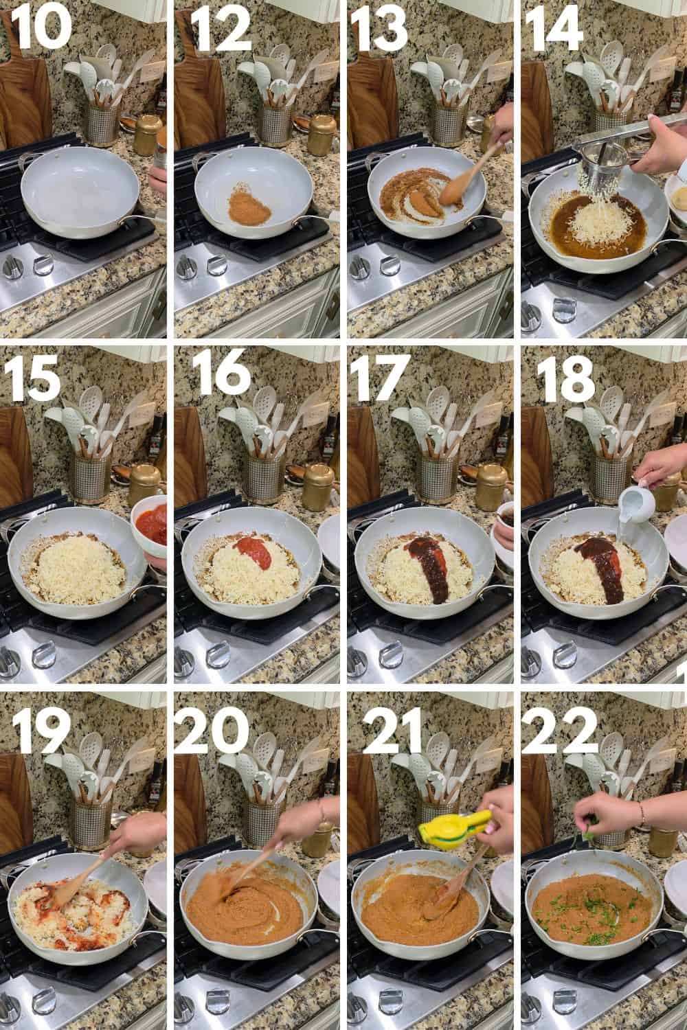 Step-by-step of making creamy tomato pasta in a skillet.